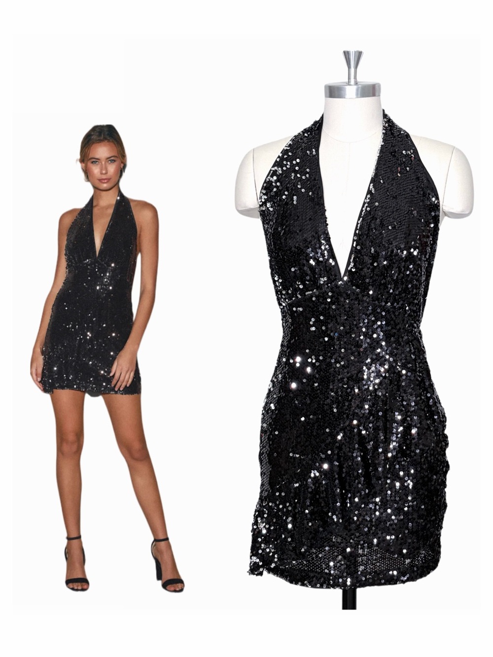 Lulus Real Love Black and Silver Sequin Halter Mini Dress Size Large Open Back